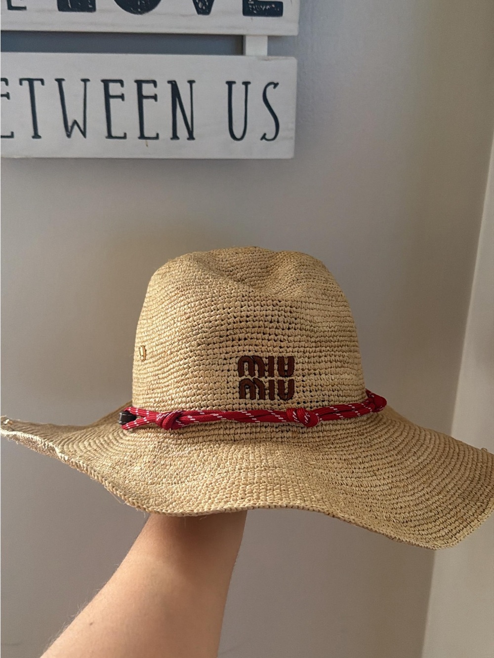 Miu Miu Straw Sun Hat with Red Braided Band
